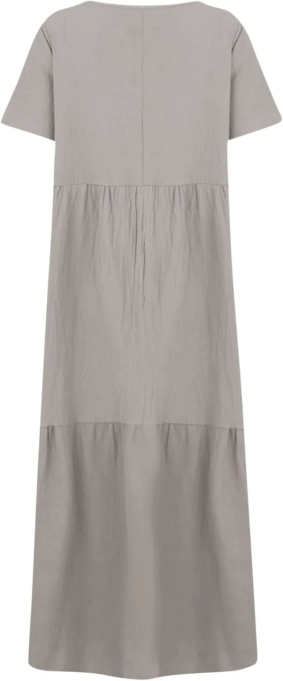 Linen Dress Women Summer Short Sleeve Tiered Maxi Plus Size Dresses Flowy Tshirt V Neck Beach Empire Waist Dress