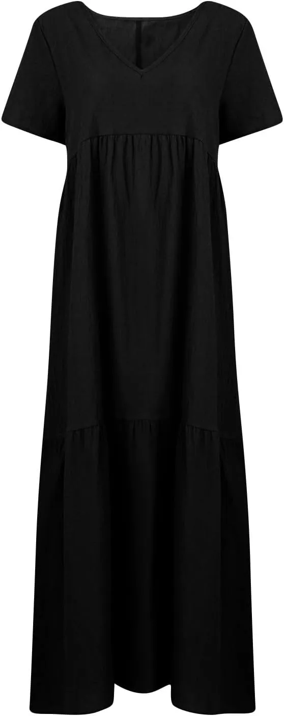 Linen Dress Women Summer Short Sleeve Tiered Maxi Plus Size Dresses Flowy Tshirt V Neck Beach Empire Waist Dress