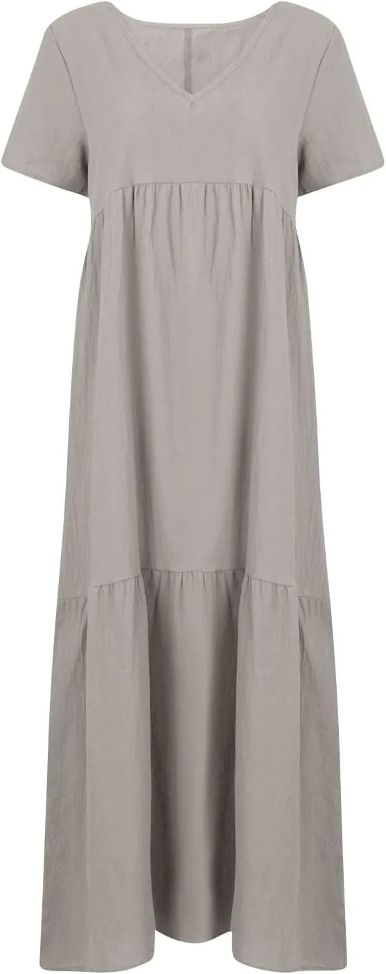 Linen Dress Women Summer Short Sleeve Tiered Maxi Plus Size Dresses Flowy Tshirt V Neck Beach Empire Waist Dress