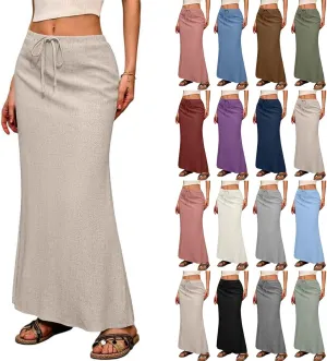 Linen Flared Maxi Skirt with Back Slit - Elastic Waist Drawstring Long Flowy Ankle-Length Skirt with Side Pockets