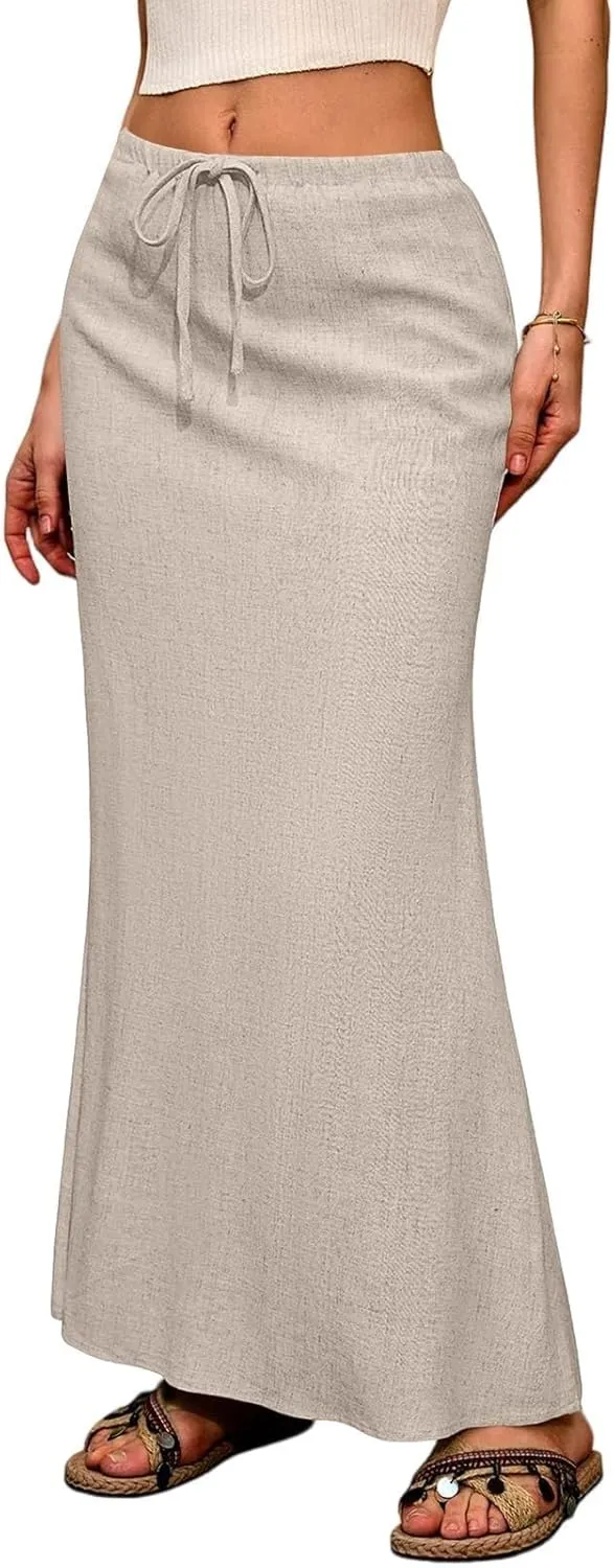 Linen Flared Maxi Skirt with Back Slit - Elastic Waist Drawstring Long Flowy Ankle-Length Skirt with Side Pockets