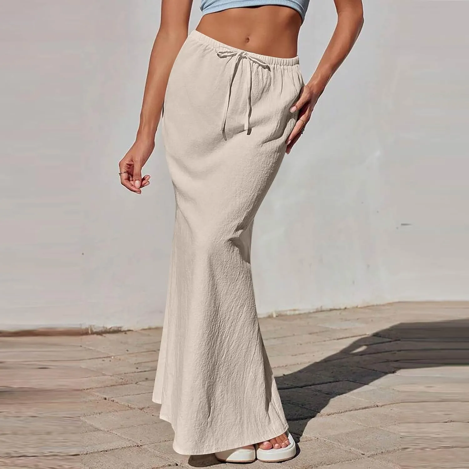Linen Flared Maxi Skirt with Back Slit - Elastic Waist Drawstring Long Flowy Ankle-Length Skirt with Side Pockets