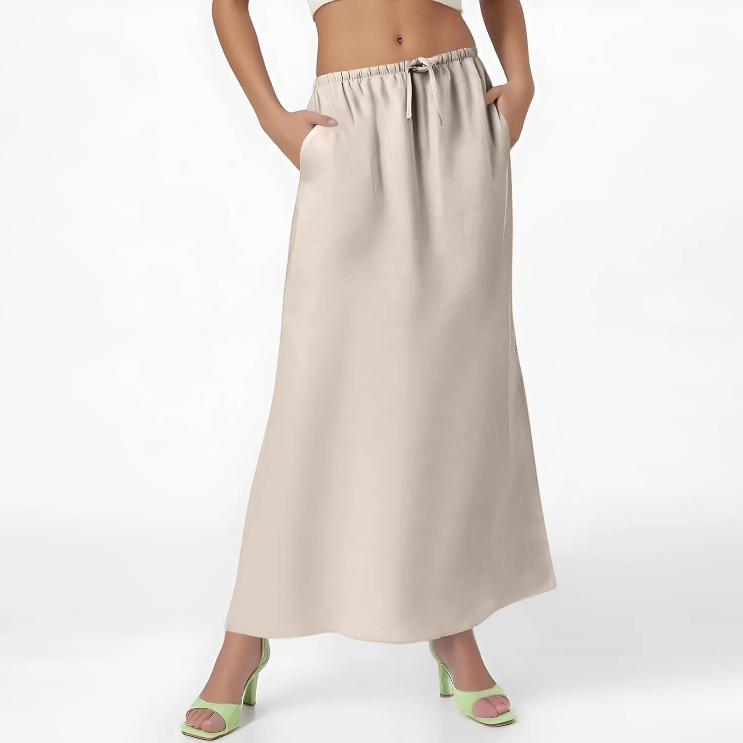 Linen Flared Maxi Skirt with Back Slit - Elastic Waist Drawstring Long Flowy Ankle-Length Skirt with Side Pockets