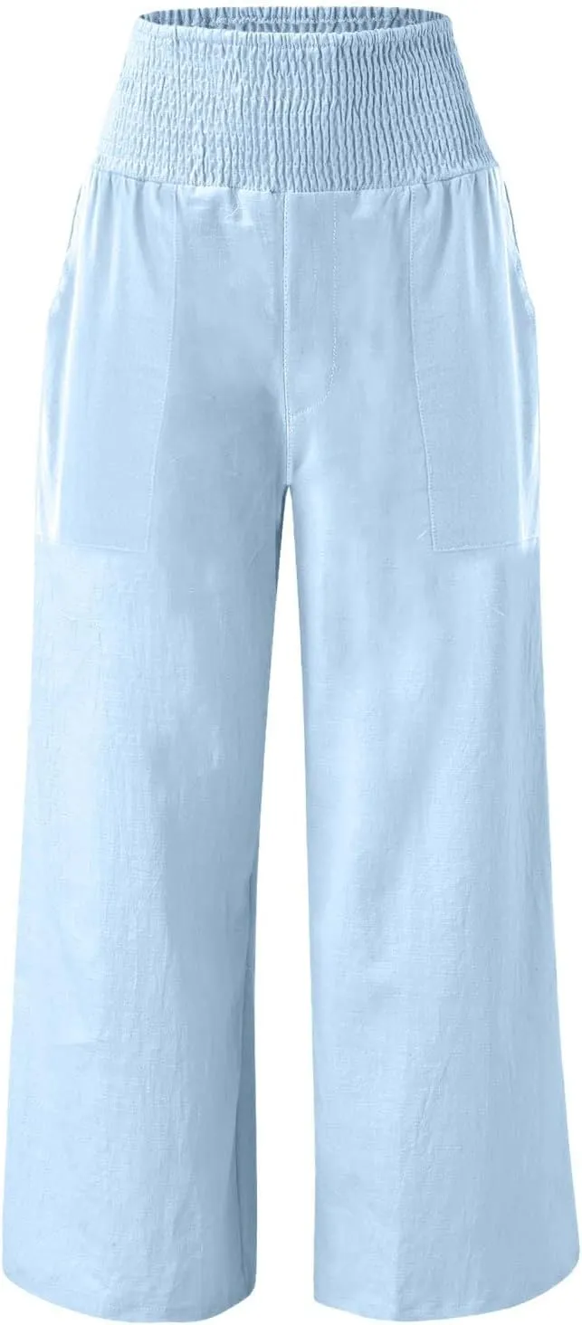 Linen Pants Women Summer 2025 Flowy Wide Leg High Waisted Pants Casual Beach Trousers Vacation Outfits for Women