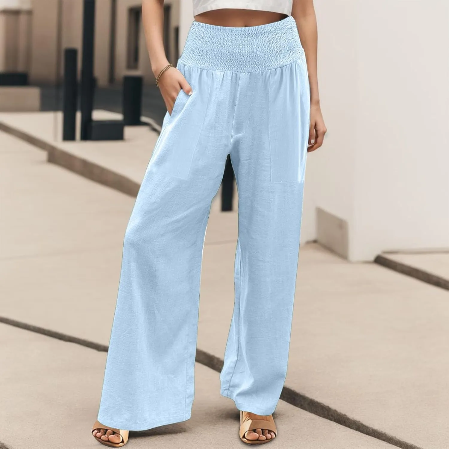 Linen Pants Women Summer 2025 Flowy Wide Leg High Waisted Pants Casual Beach Trousers Vacation Outfits for Women