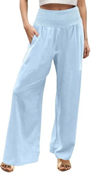 Linen Pants Women Summer 2025 Flowy Wide Leg High Waisted Pants Casual Beach Trousers Vacation Outfits for Women