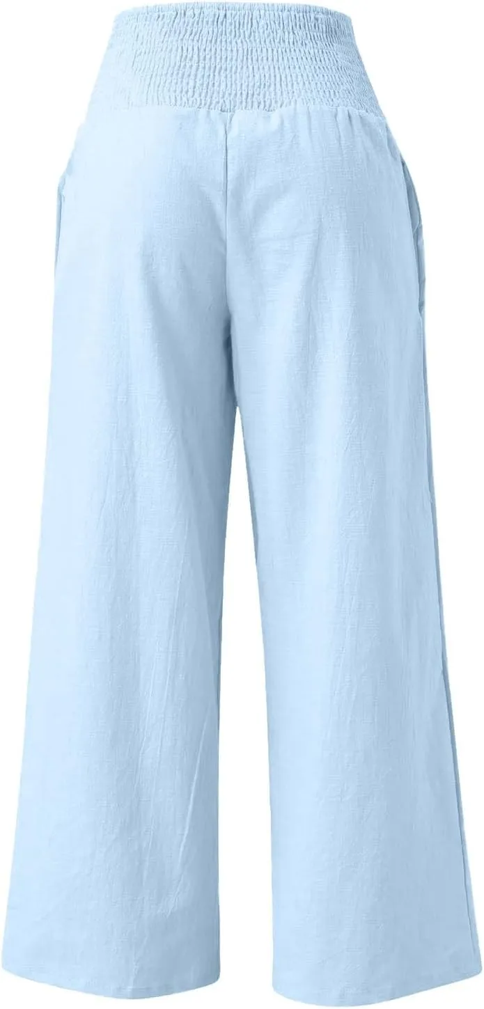 Linen Pants Women Summer 2025 Flowy Wide Leg High Waisted Pants Casual Beach Trousers Vacation Outfits for Women