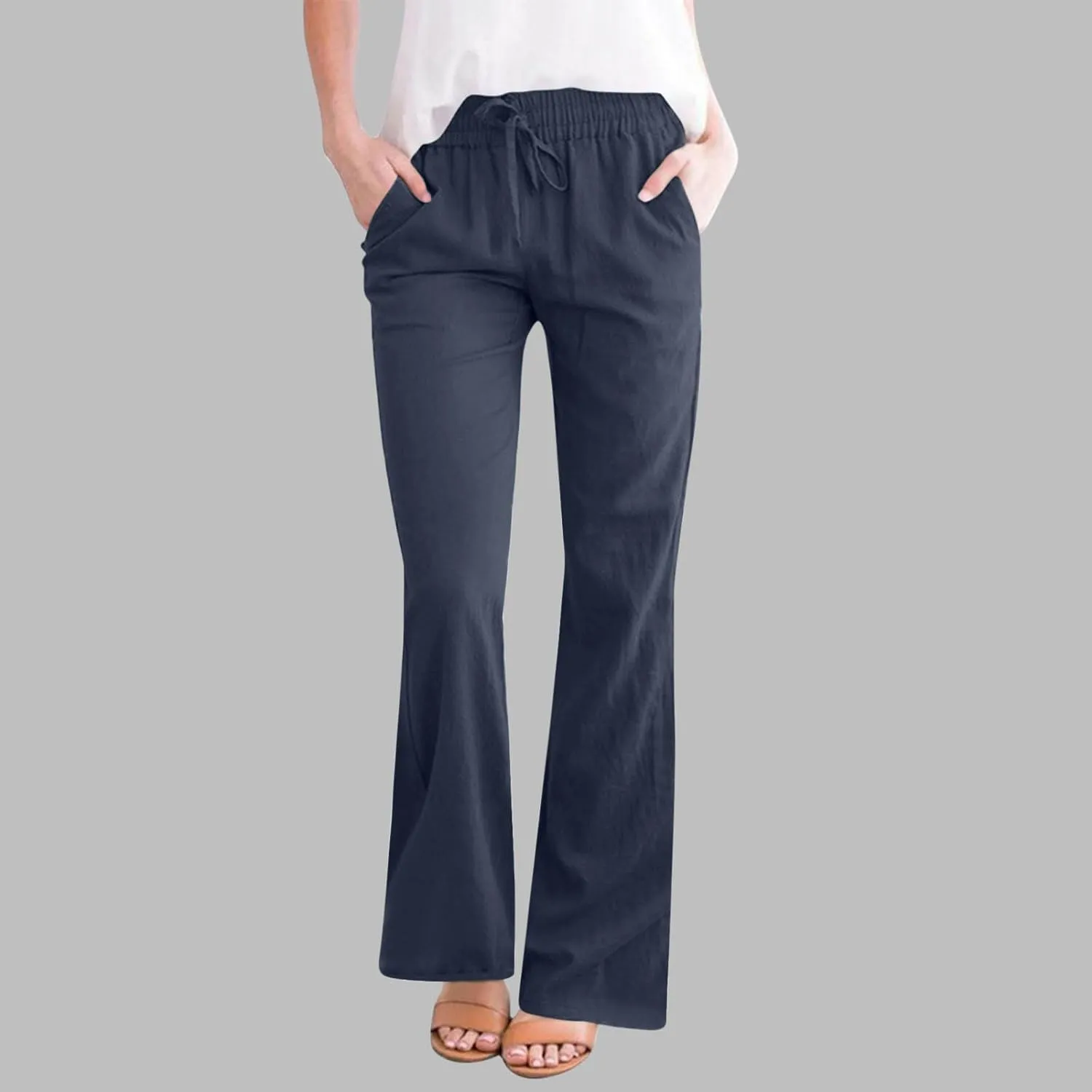 Linen Pants Women Summer Trendy High Waisted Wide Leg Pants Plus Size Comfy Casual Bootcut Trousers with Pockets