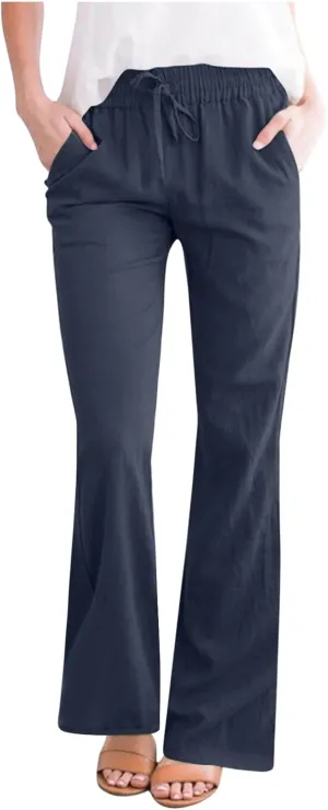 Linen Pants Women Summer Trendy High Waisted Wide Leg Pants Plus Size Comfy Casual Bootcut Trousers with Pockets