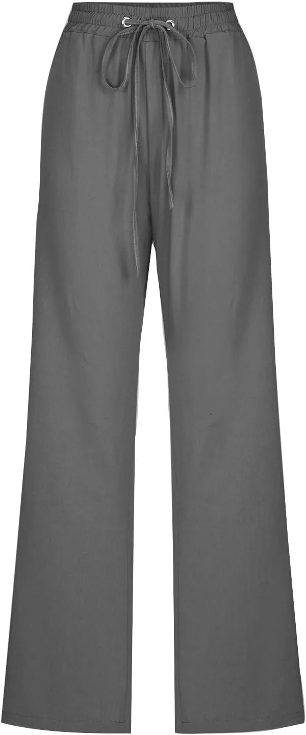Linen Pants Women Vacation Casual Linen High Waist Pants Drawstring Loose Fit Summer Pants Trousers with Side Pockets