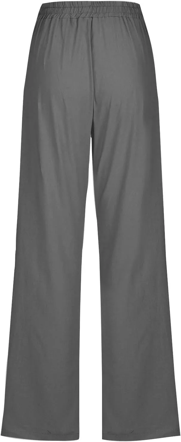 Linen Pants Women Vacation Casual Linen High Waist Pants Drawstring Loose Fit Summer Pants Trousers with Side Pockets
