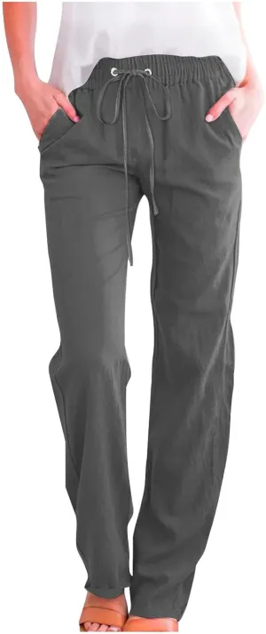 Linen Pants Women Vacation Casual Linen High Waist Pants Drawstring Loose Fit Summer Pants Trousers with Side Pockets