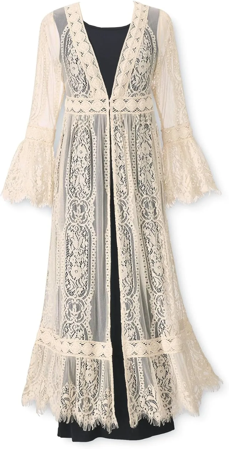 Long Lace Cardigan for Women, Flowy Boho Jacket Cover Up with V-Neckline, Fringed Sheer Beach Dress Kimono