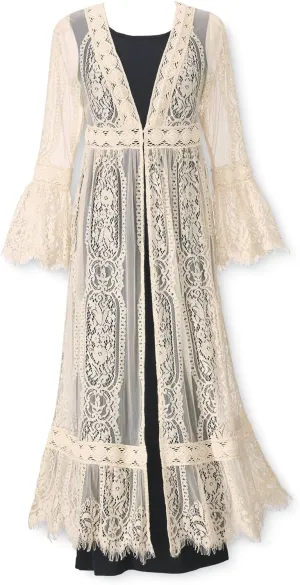 Long Lace Cardigan for Women, Flowy Boho Jacket Cover Up with V-Neckline, Fringed Sheer Beach Dress Kimono