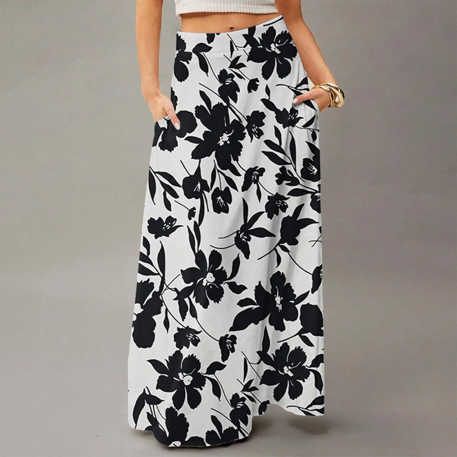Long Skirts for Women Floral Boho High Waisted Maxi Skirts with Pockets Flowy Beach Vacation Casual A Line Skirt
