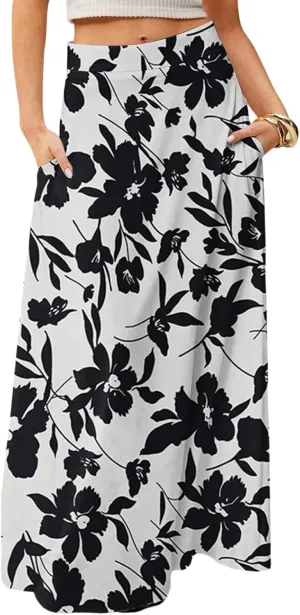Long Skirts for Women Floral Boho High Waisted Maxi Skirts with Pockets Flowy Beach Vacation Casual A Line Skirt