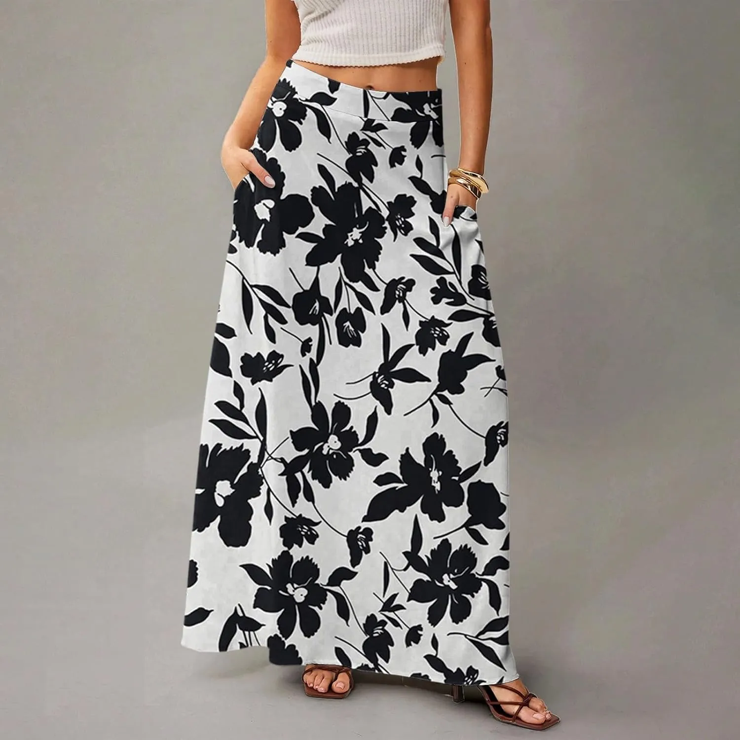 Long Skirts for Women Floral Boho High Waisted Maxi Skirts with Pockets Flowy Beach Vacation Casual A Line Skirt