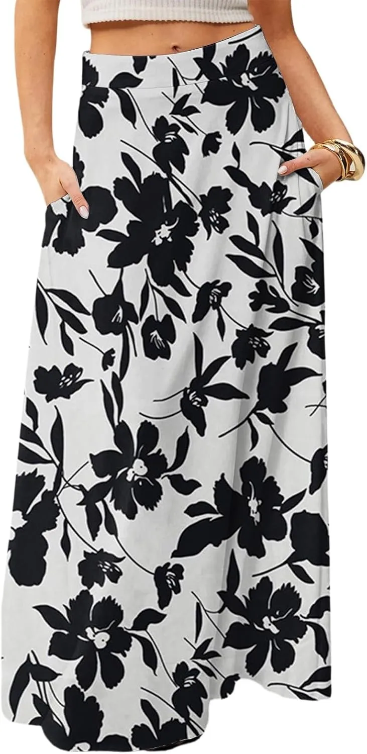 Long Skirts for Women Floral Boho High Waisted Maxi Skirts with Pockets Flowy Beach Vacation Casual A Line Skirt