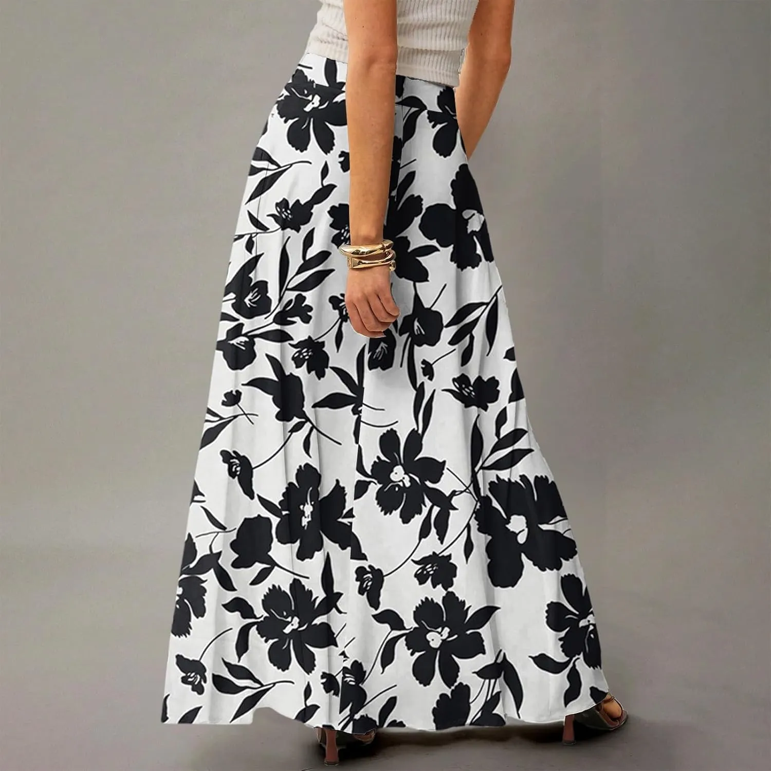 Long Skirts for Women Floral Boho High Waisted Maxi Skirts with Pockets Flowy Beach Vacation Casual A Line Skirt