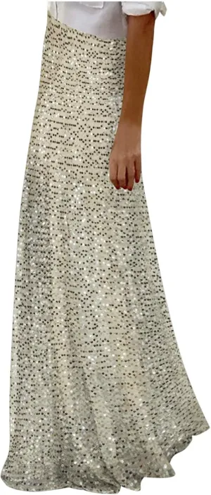 Long Skirts for Women High Waisted Pleated Stretch Skirt Fashion Sequin Flowy Comfort Ruffle Maxi Skirts 2025 New
