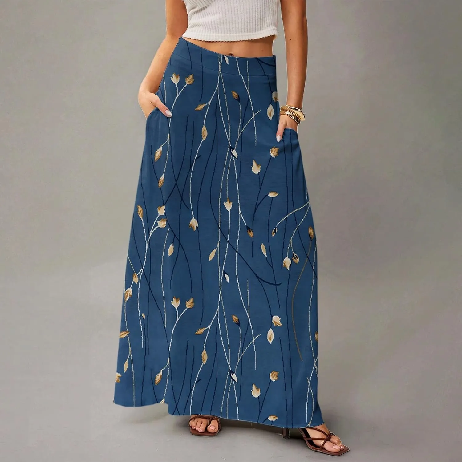 Long Skirts for Women Trendy Boho High Waisted Maxi Skirts with Pockets Floral Flowy Beach Vacation A Line Skirt