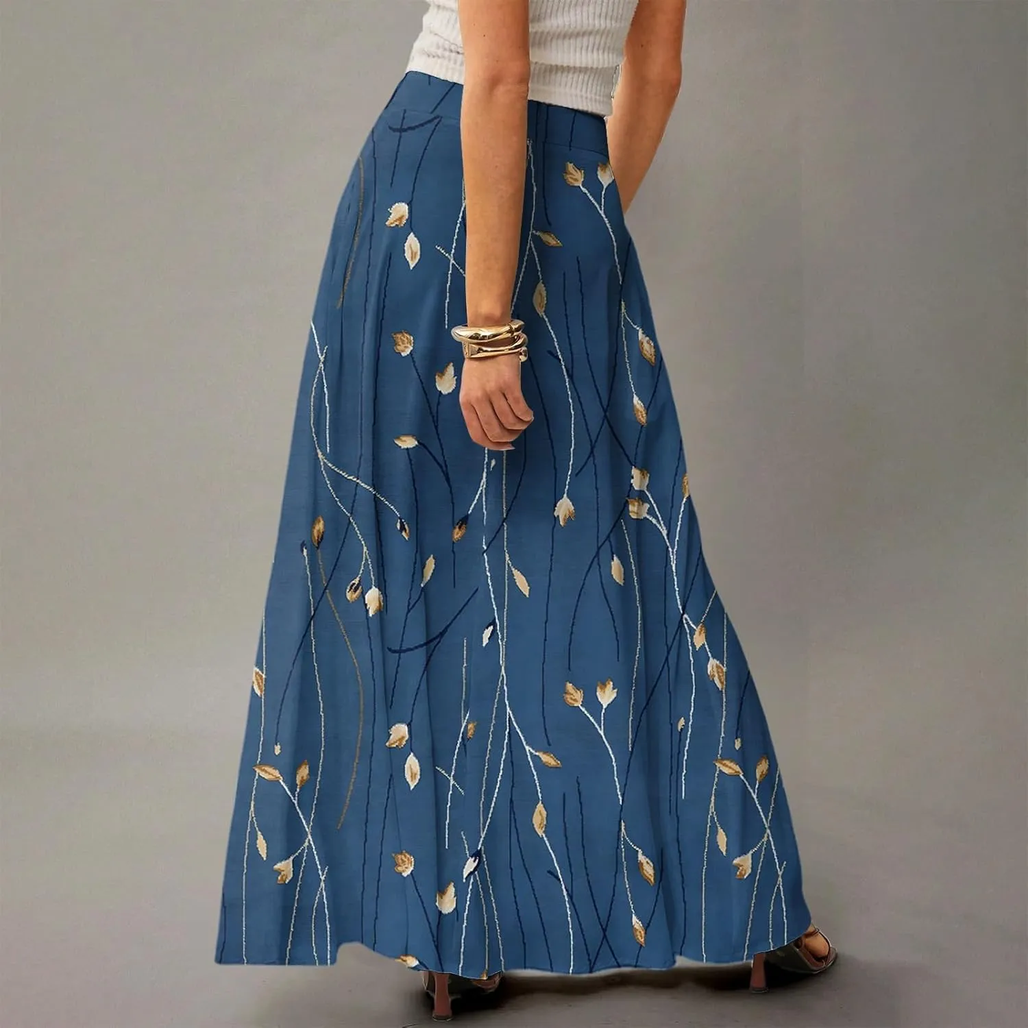 Long Skirts for Women Trendy Boho High Waisted Maxi Skirts with Pockets Floral Flowy Beach Vacation A Line Skirt
