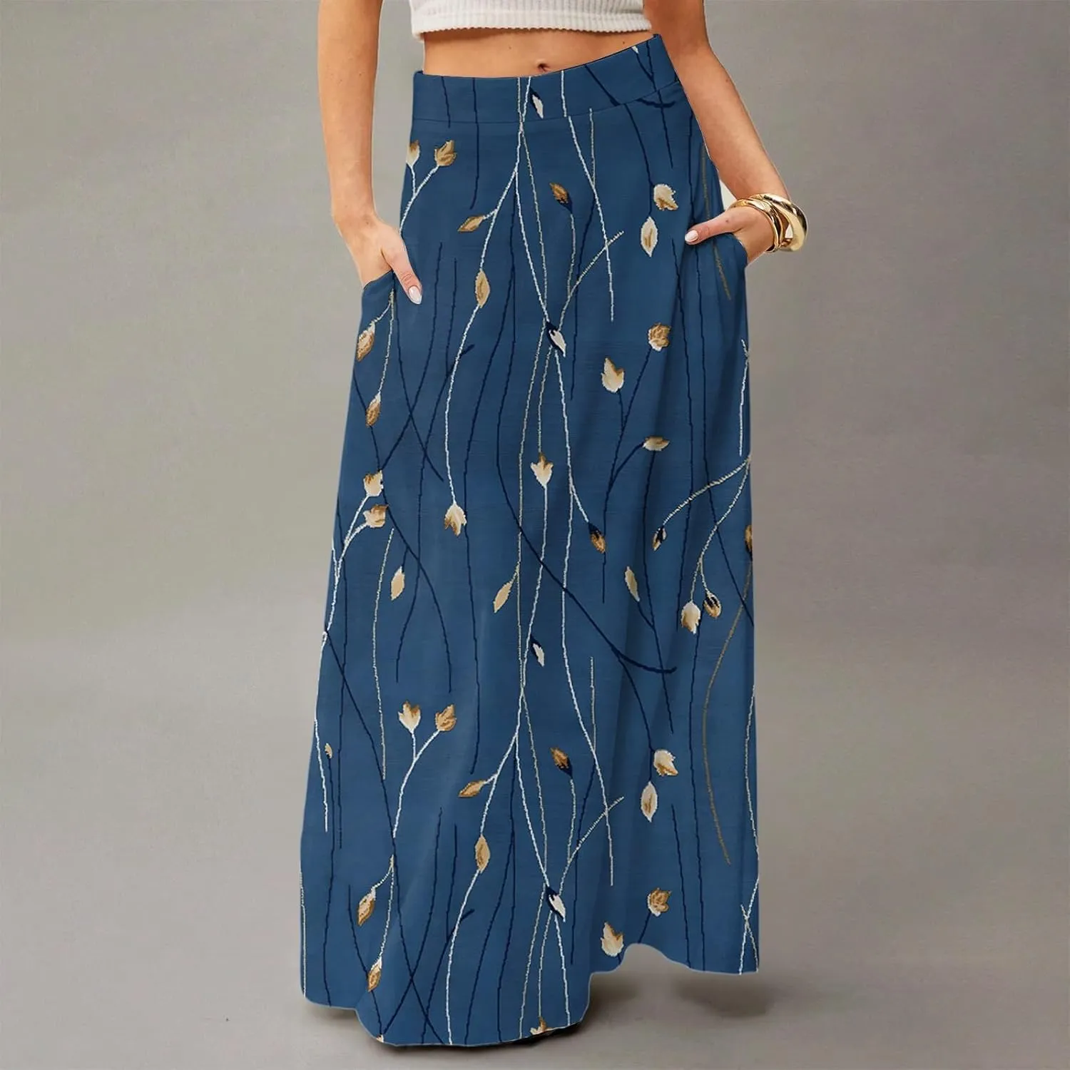 Long Skirts for Women Trendy Boho High Waisted Maxi Skirts with Pockets Floral Flowy Beach Vacation A Line Skirt