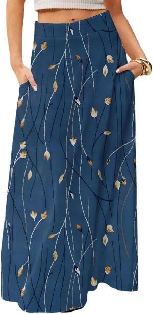 Long Skirts for Women Trendy Boho High Waisted Maxi Skirts with Pockets Floral Flowy Beach Vacation A Line Skirt