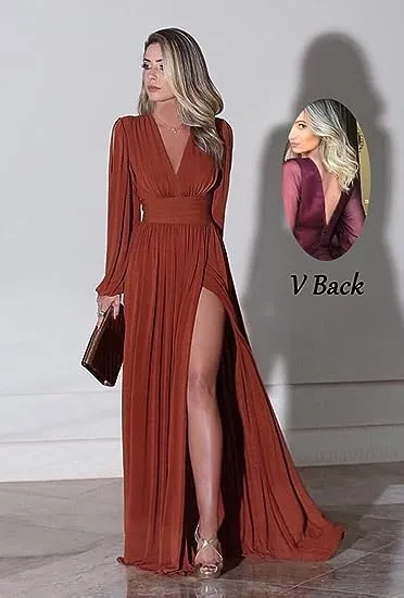 Long Sleeve Prom Dresses for Women 2025 Chiffon V Neck Formal Dress with Slit