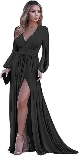 Long Sleeve Prom Dresses for Women 2025 Chiffon V Neck Formal Dress with Slit