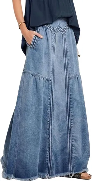 loveimgs Women's Vintage Frayed Hem A Line Long Maxi Skirt Distressed Elastic High Waist Retro Jeans Skirt