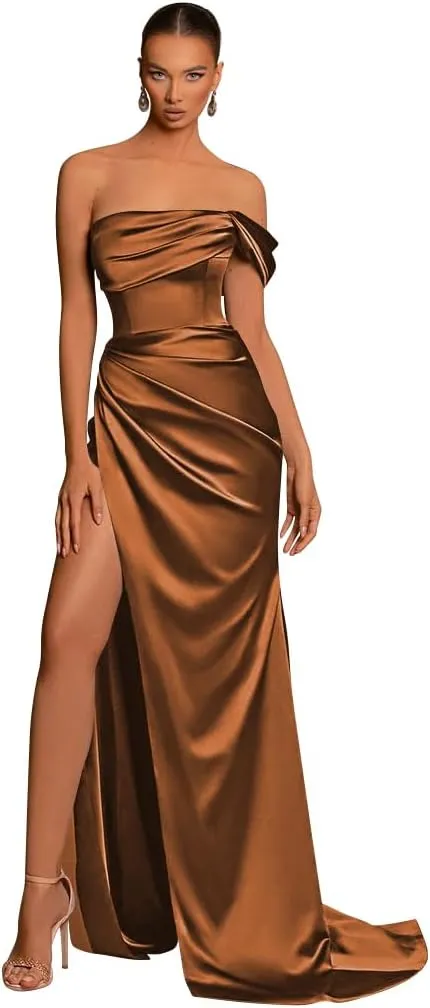 Loyeloy One Shoulder Mermaid Bridesmaid Dresses with Slit 2024 Pleats Satin Formal Evening Gowns for Women 2024