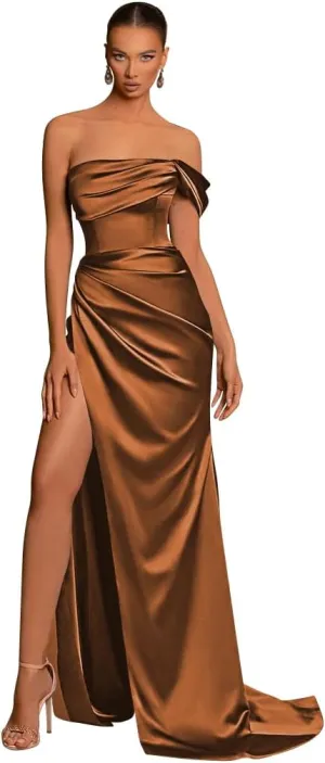 Loyeloy One Shoulder Mermaid Bridesmaid Dresses with Slit 2024 Pleats Satin Formal Evening Gowns for Women 2024