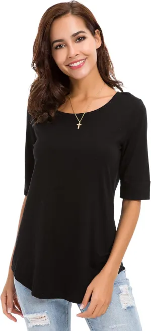 LUSMAY Womens Cotton Tops Summer Casual Fitted T Shirt Half Sleeve Tunic Comfy Tee