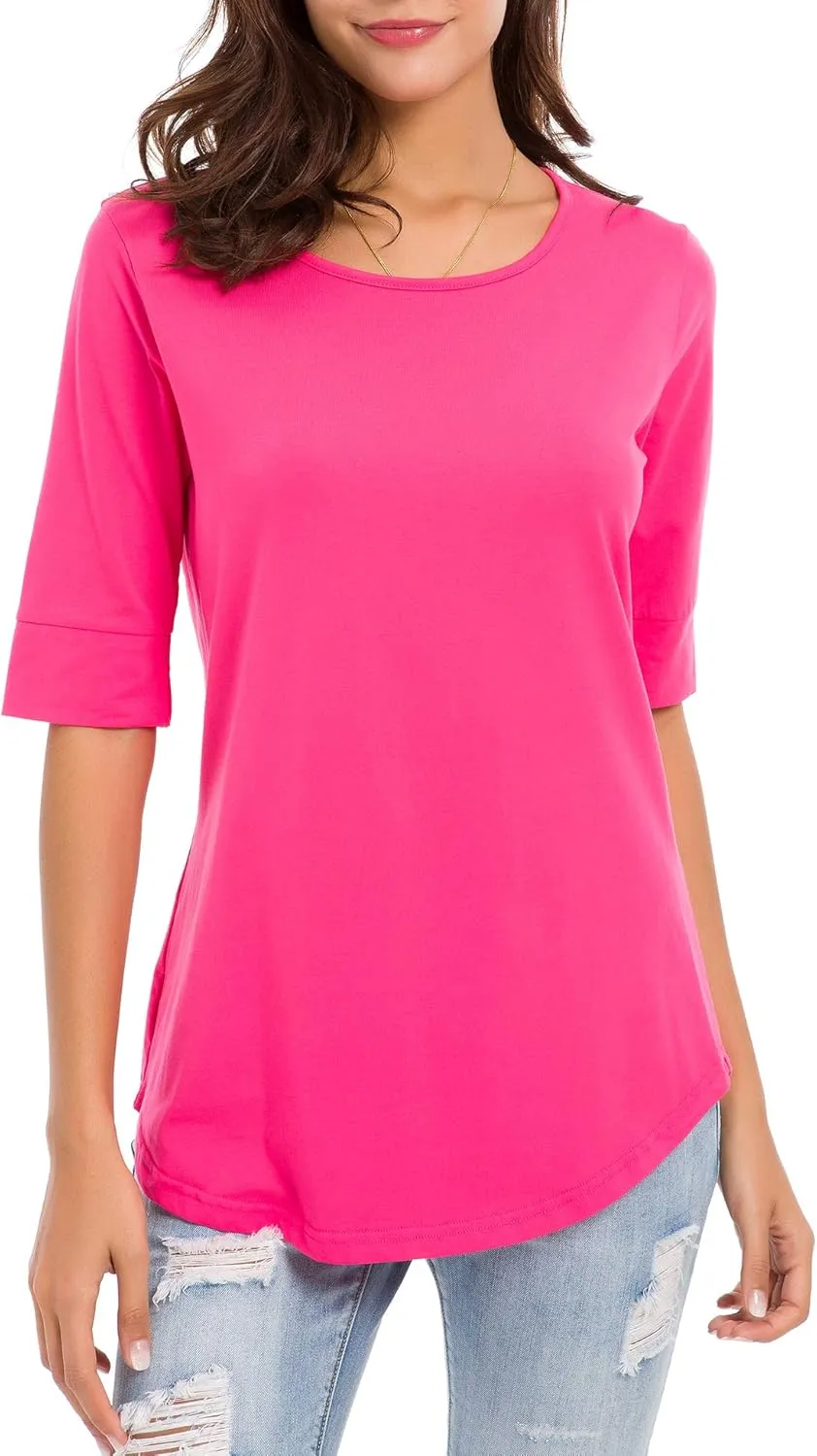 LUSMAY Womens Cotton Tops Summer Casual Fitted T Shirt Half Sleeve Tunic Comfy Tee