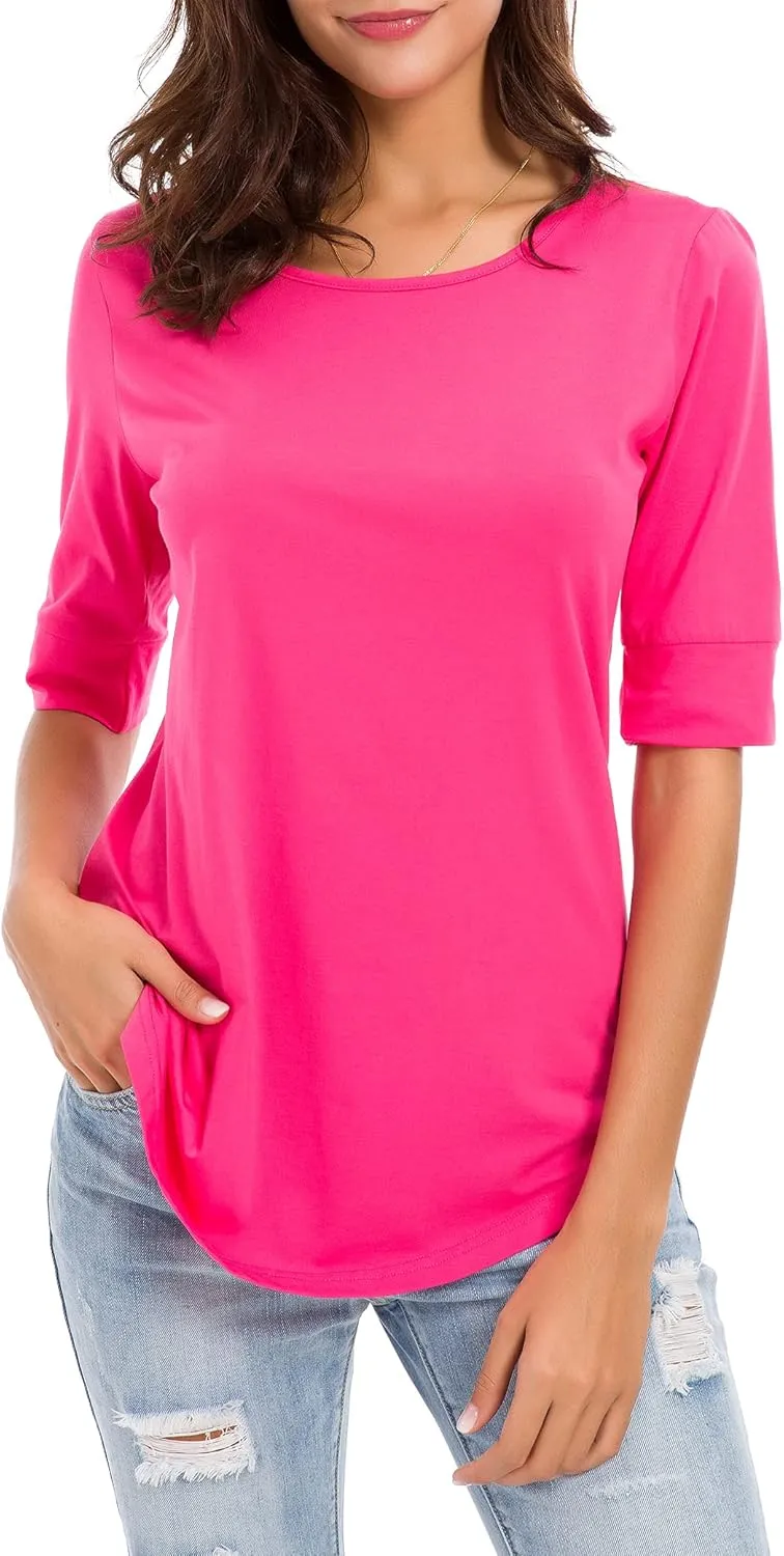 LUSMAY Womens Cotton Tops Summer Casual Fitted T Shirt Half Sleeve Tunic Comfy Tee