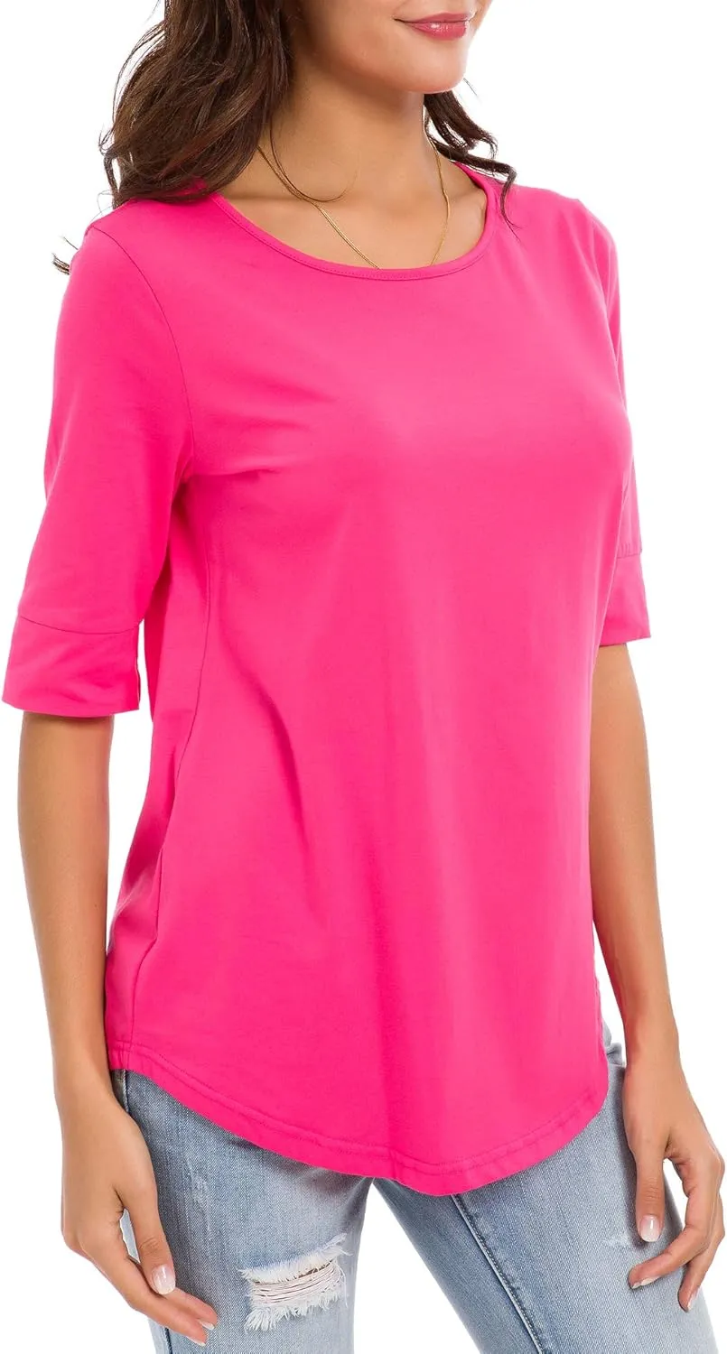 LUSMAY Womens Cotton Tops Summer Casual Fitted T Shirt Half Sleeve Tunic Comfy Tee