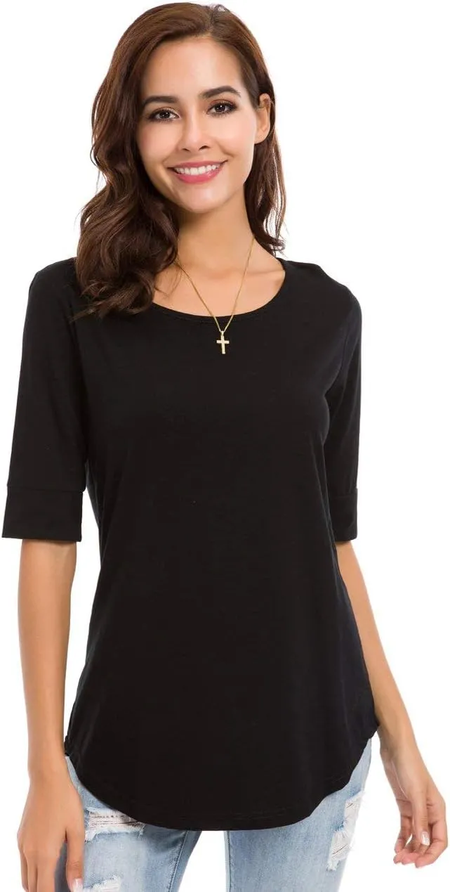 LUSMAY Womens Cotton Tops Summer Casual Fitted T Shirt Half Sleeve Tunic Comfy Tee