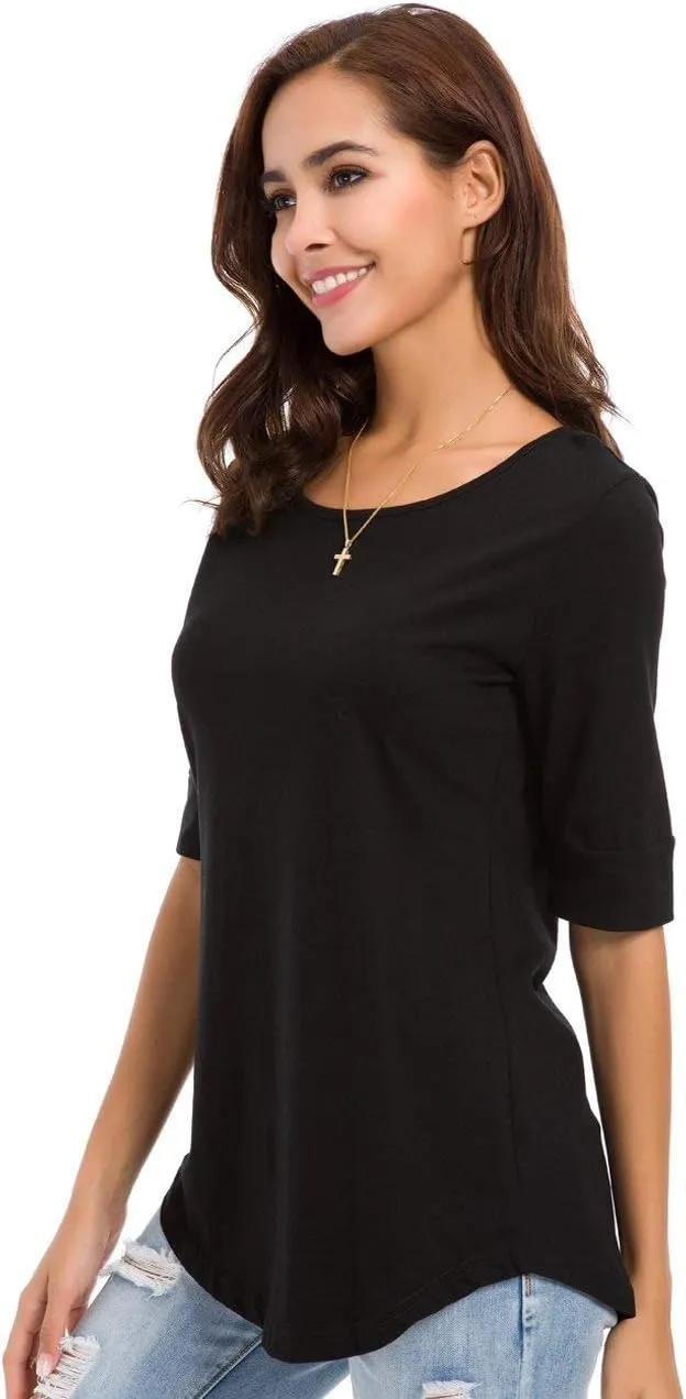 LUSMAY Womens Cotton Tops Summer Casual Fitted T Shirt Half Sleeve Tunic Comfy Tee