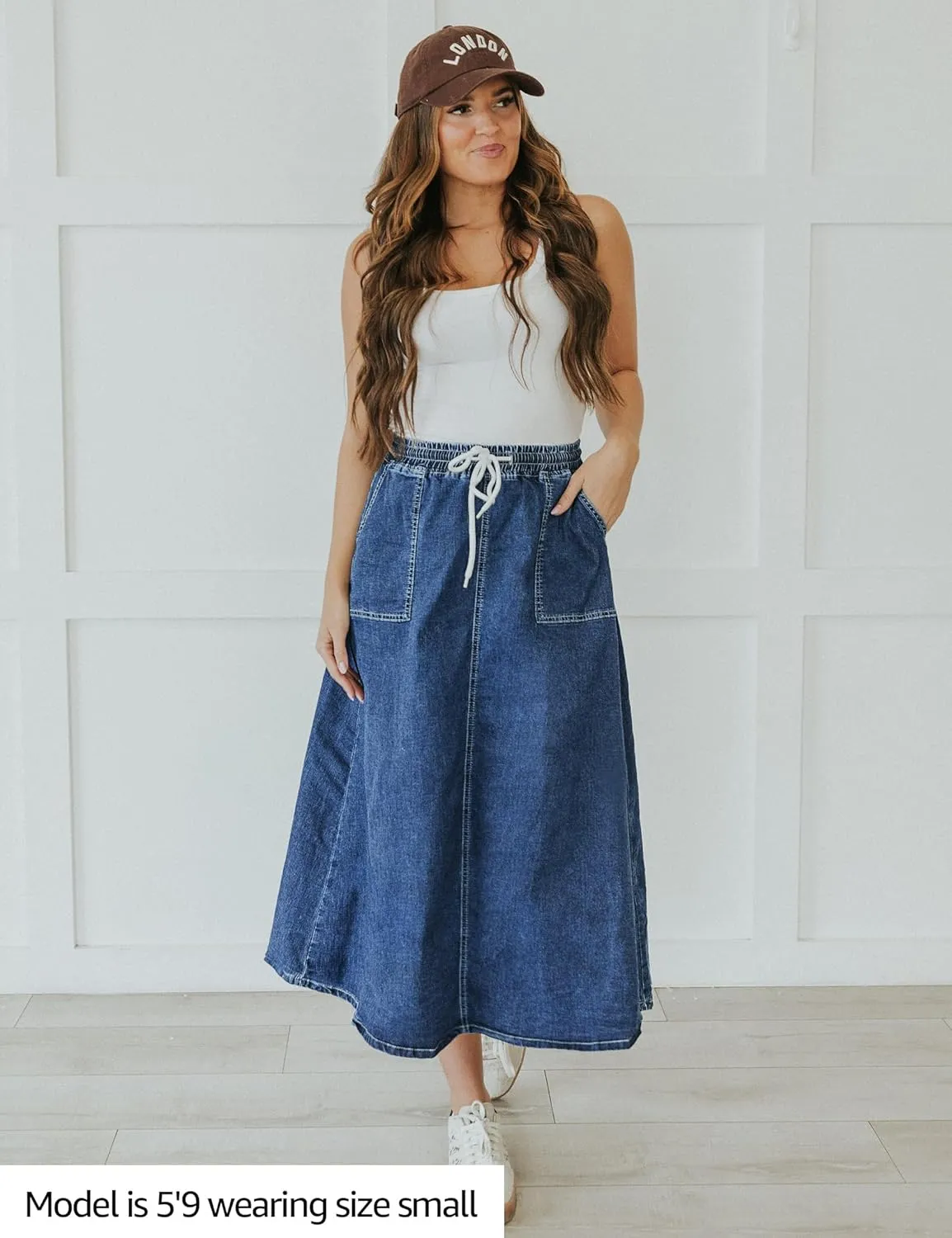 luvamia Denim Skirts for Women Trendy A Line Long Maxi Pull On Elastic Waist Drawstring Stretchy Jean Skirt with Pockets