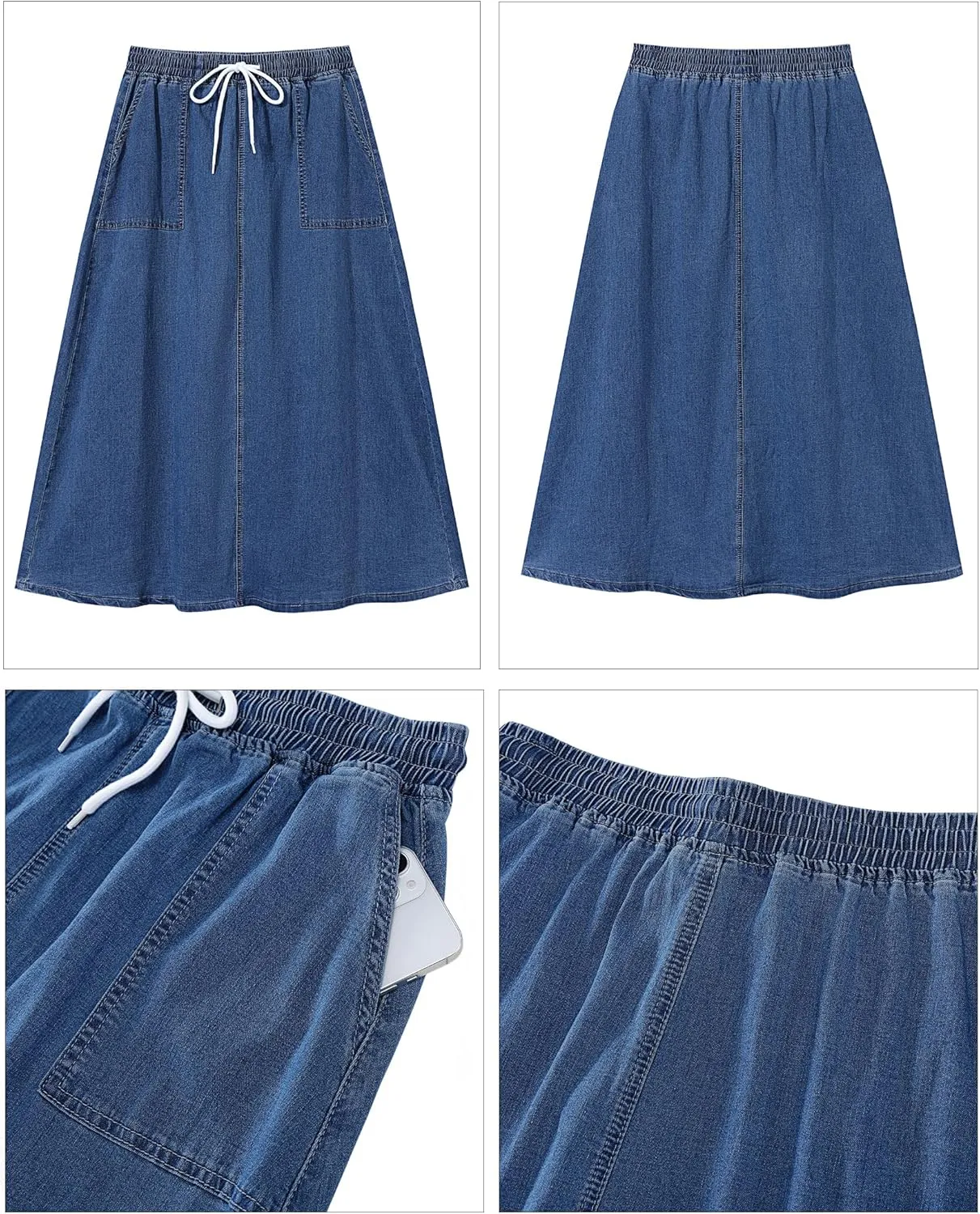luvamia Denim Skirts for Women Trendy A Line Long Maxi Pull On Elastic Waist Drawstring Stretchy Jean Skirt with Pockets