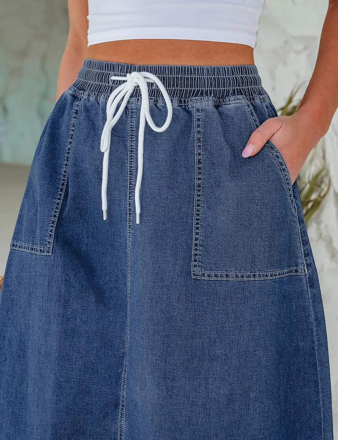 luvamia Denim Skirts for Women Trendy A Line Long Maxi Pull On Elastic Waist Drawstring Stretchy Jean Skirt with Pockets