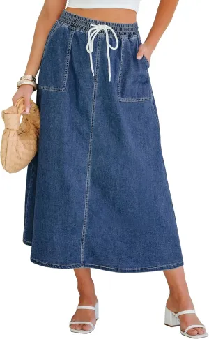 luvamia Denim Skirts for Women Trendy A Line Long Maxi Pull On Elastic Waist Drawstring Stretchy Jean Skirt with Pockets