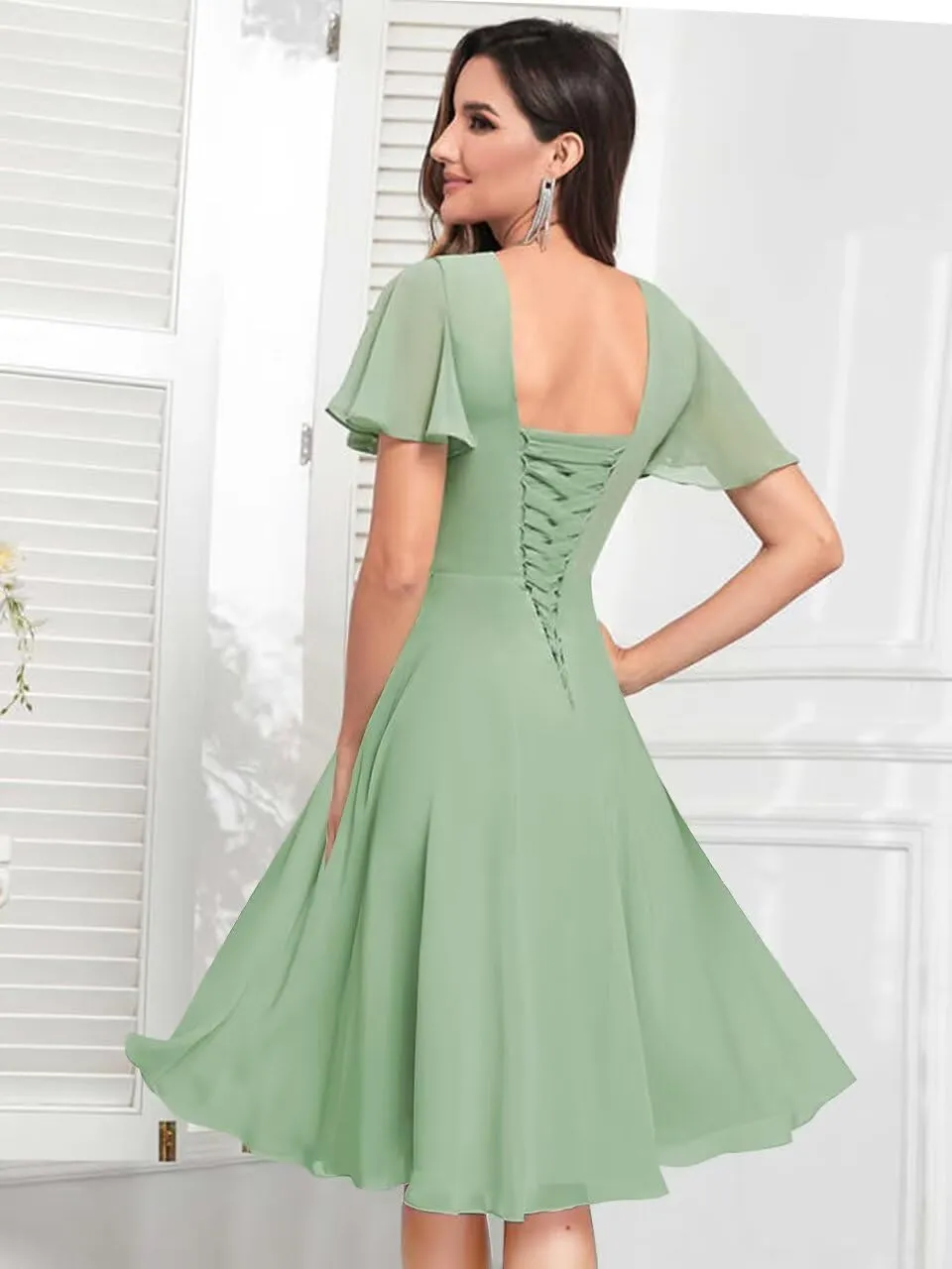 MAGGCIF Flutter Sleeve Bridesmaid Dresses with Pockets Chiffon A Line V Neck Short Evening Formal Dress for Women