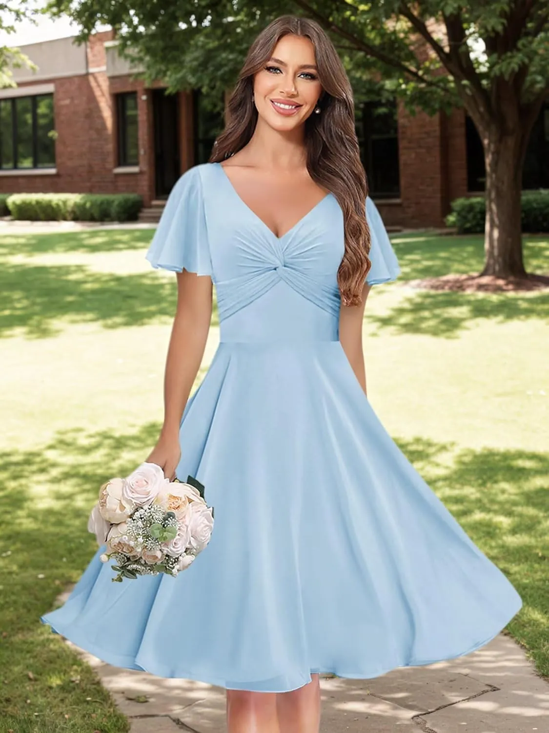 MAGGCIF Flutter Sleeve Bridesmaid Dresses with Pockets Chiffon A Line V Neck Short Evening Formal Dress for Women