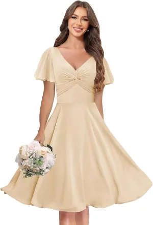 MAGGCIF Flutter Sleeve Bridesmaid Dresses with Pockets Chiffon A Line V Neck Short Evening Formal Dress for Women