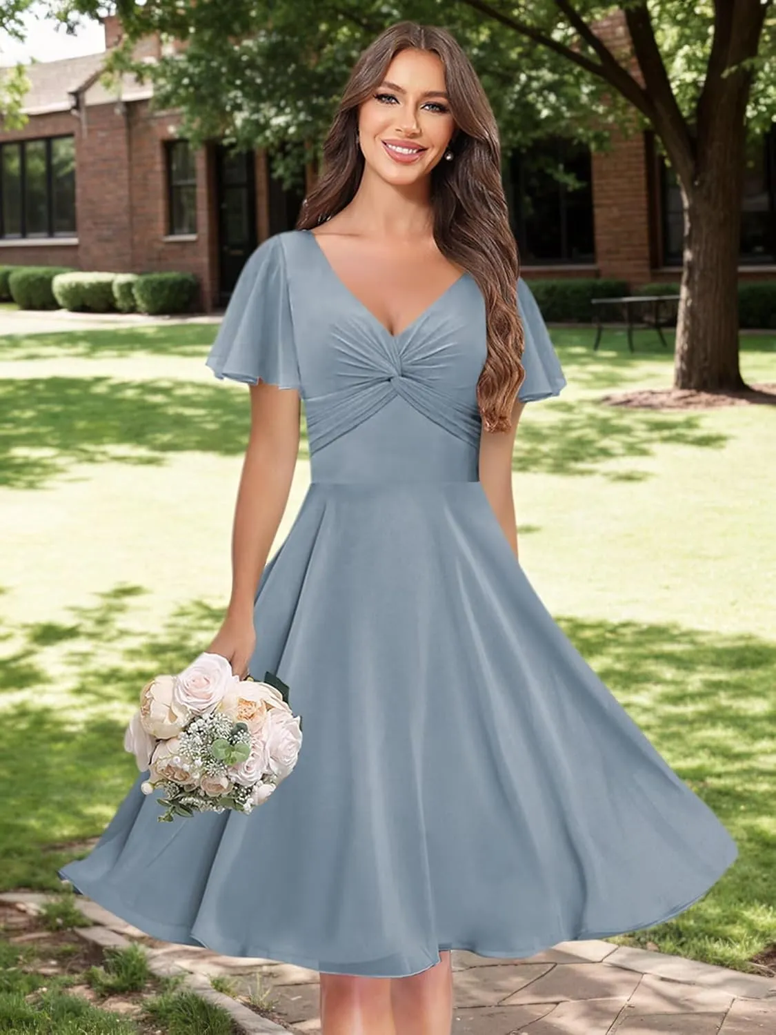 MAGGCIF Flutter Sleeve Bridesmaid Dresses with Pockets Chiffon A Line V Neck Short Evening Formal Dress for Women