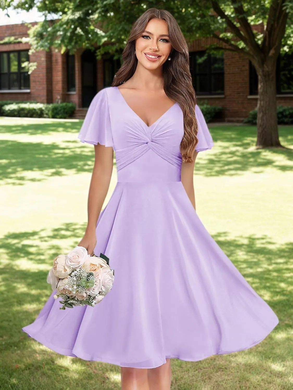MAGGCIF Flutter Sleeve Bridesmaid Dresses with Pockets Chiffon A Line V Neck Short Evening Formal Dress for Women