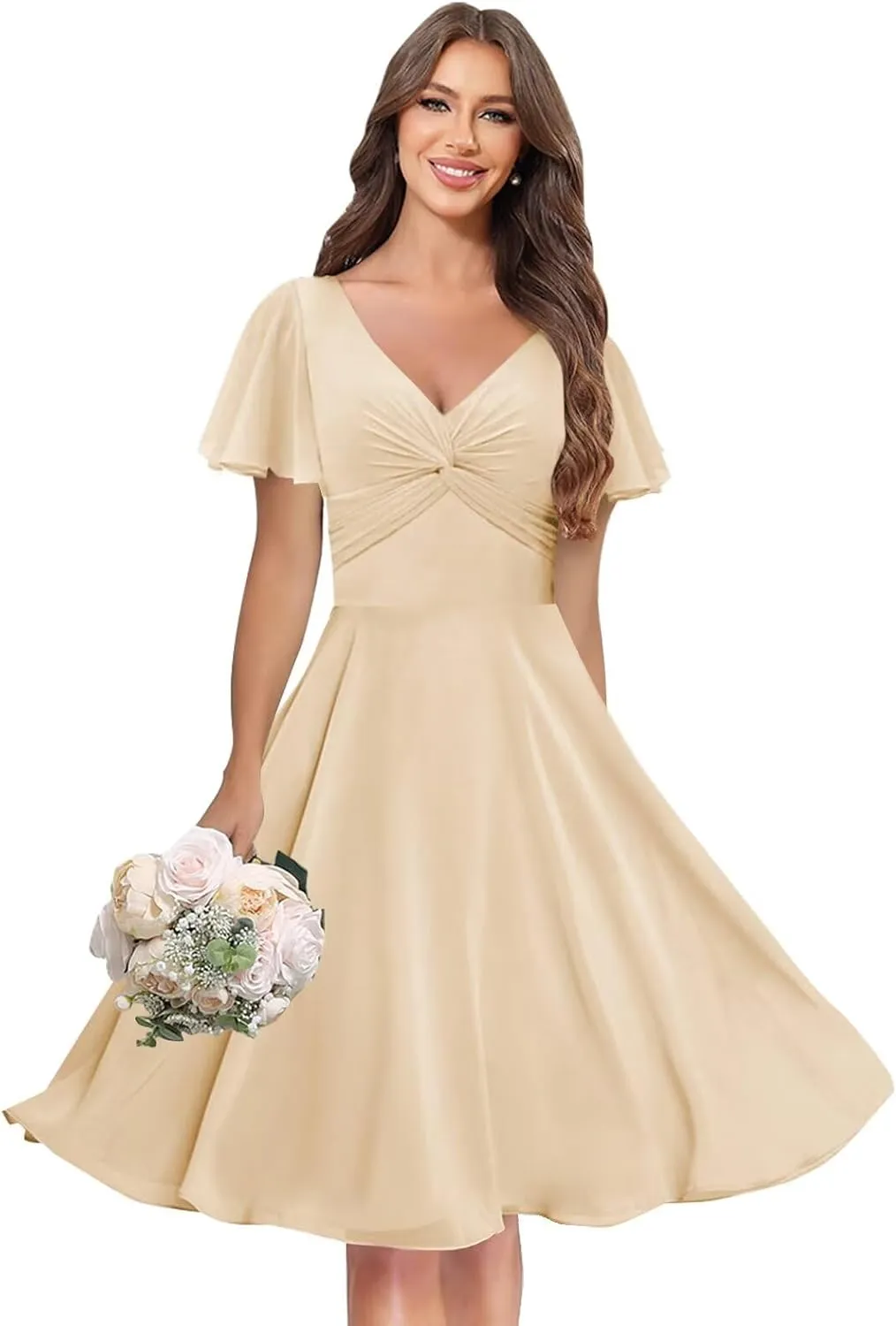 MAGGCIF Flutter Sleeve Bridesmaid Dresses with Pockets Chiffon A Line V Neck Short Evening Formal Dress for Women