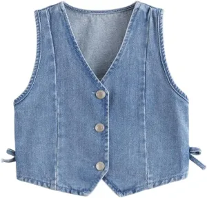 marc & janie Girls Denim V Neck Vest Vintage Button Down Tank Jacket Sleeveless Soft Tops 241359